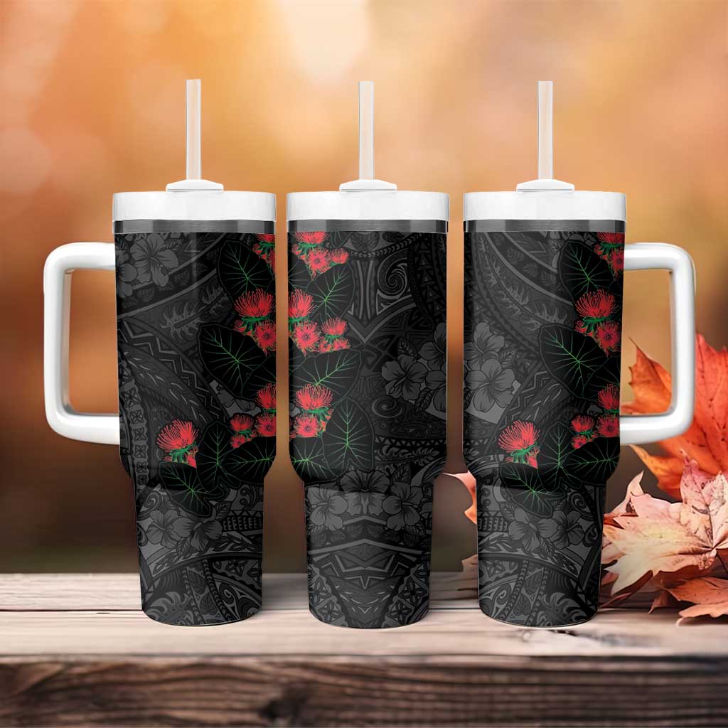 Hawaiian Taro Leaves and Ohia Lehua Tumbler With Handle Polynesian Tribal Art Tropical Plants Motifs Grayscale