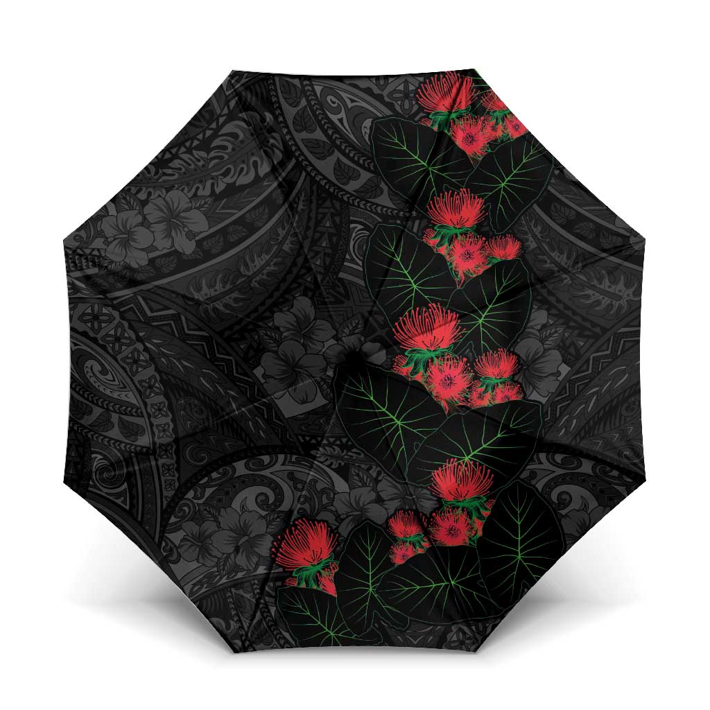Hawaiian Taro Leaves and Ohia Lehua Umbrella Polynesian Tribal Art Tropical Plants Motifs Grayscale LT03 One Size Folded 11.42 inch Opened Diameter 37.4 inch Multicolor - Polynesian Pride