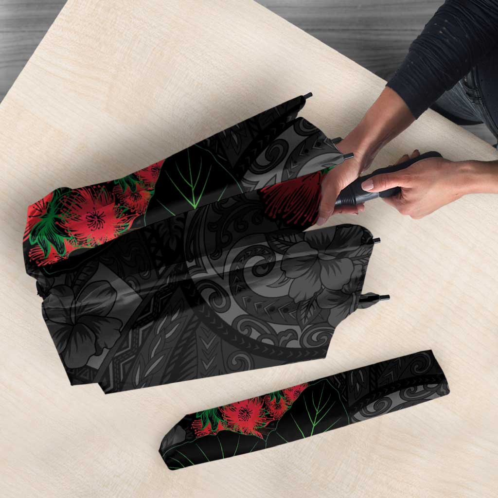Hawaiian Taro Leaves and Ohia Lehua Umbrella Polynesian Tribal Art Tropical Plants Motifs Grayscale LT03 - Polynesian Pride