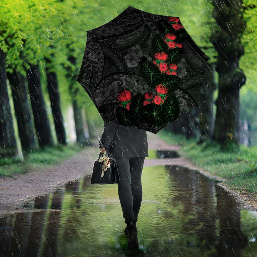 Hawaiian Taro Leaves and Ohia Lehua Umbrella Polynesian Tribal Art Tropical Plants Motifs Grayscale LT03 - Polynesian Pride