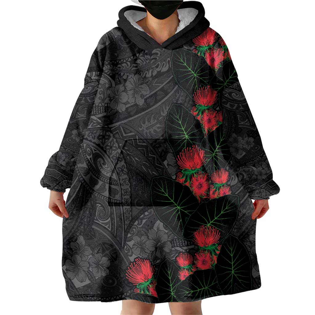 Hawaiian Taro Leaves and Ohia Lehua Wearable Blanket Hoodie Polynesian Tribal Art Tropical Plants Motifs Grayscale LT03 - Polynesian Pride