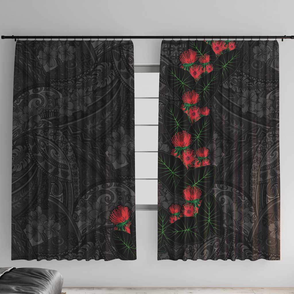 Hawaiian Taro Leaves and Ohia Lehua Window Curtain Polynesian Tribal Art Tropical Plants Motifs Grayscale