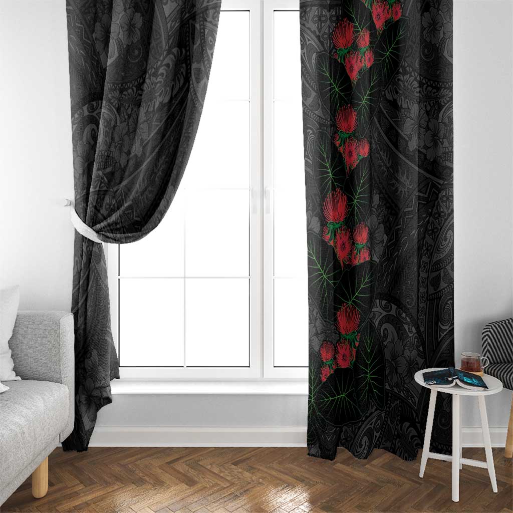 Hawaiian Taro Leaves and Ohia Lehua Window Curtain Polynesian Tribal Art Tropical Plants Motifs Grayscale
