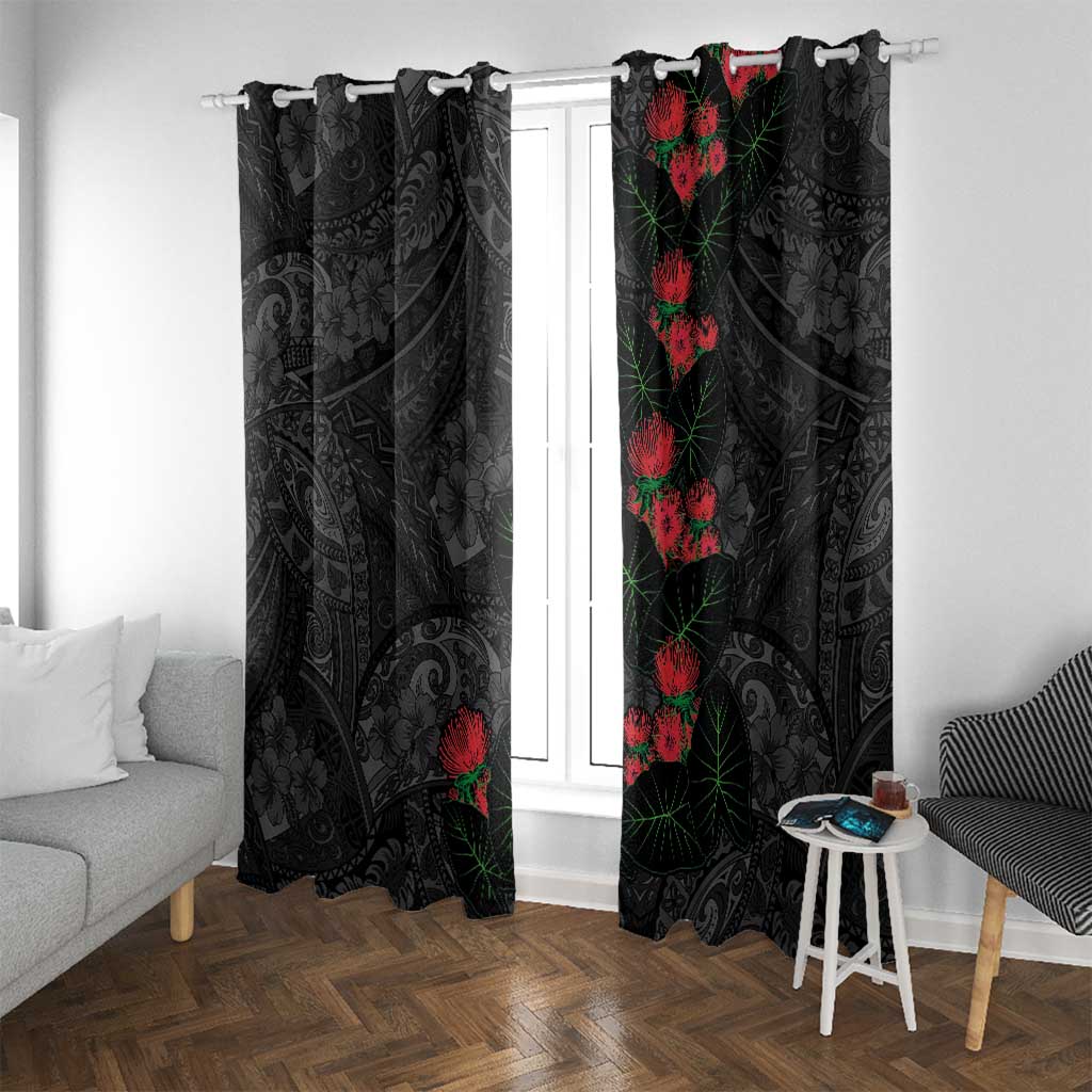 Hawaiian Taro Leaves and Ohia Lehua Window Curtain Polynesian Tribal Art Tropical Plants Motifs Grayscale