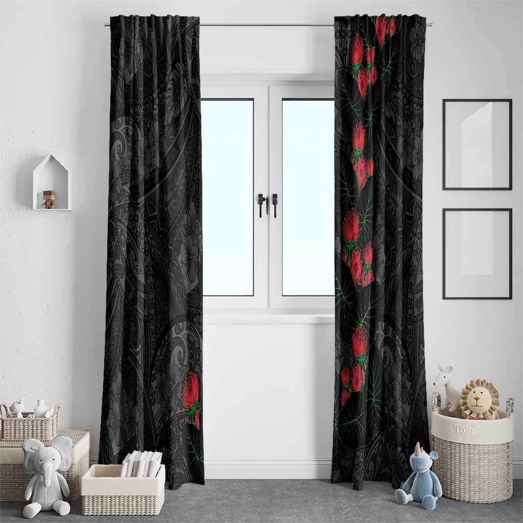 Hawaiian Taro Leaves and Ohia Lehua Window Curtain Polynesian Tribal Art Tropical Plants Motifs Grayscale