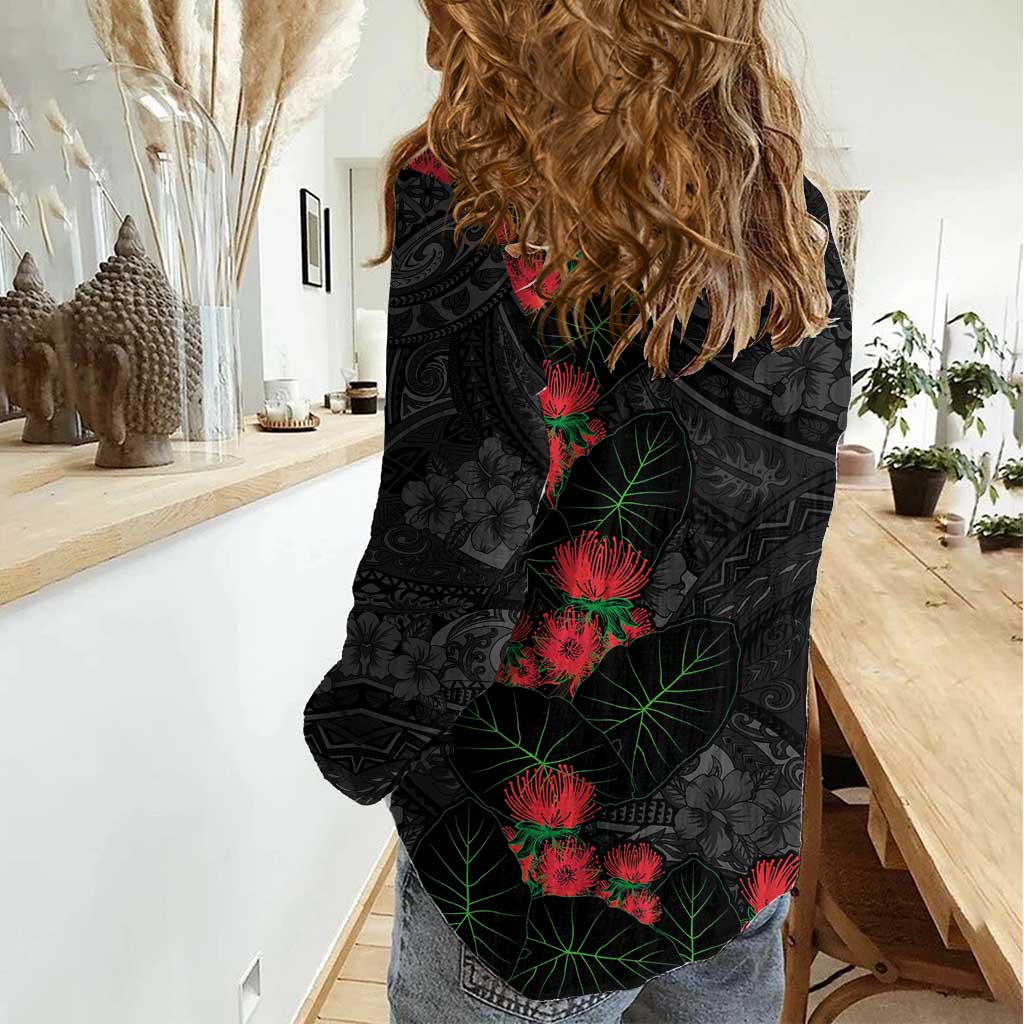 Hawaiian Taro Leaves and Ohia Lehua Women Casual Shirt Polynesian Tribal Art Tropical Plants Motifs Grayscale LT03 - Polynesian Pride