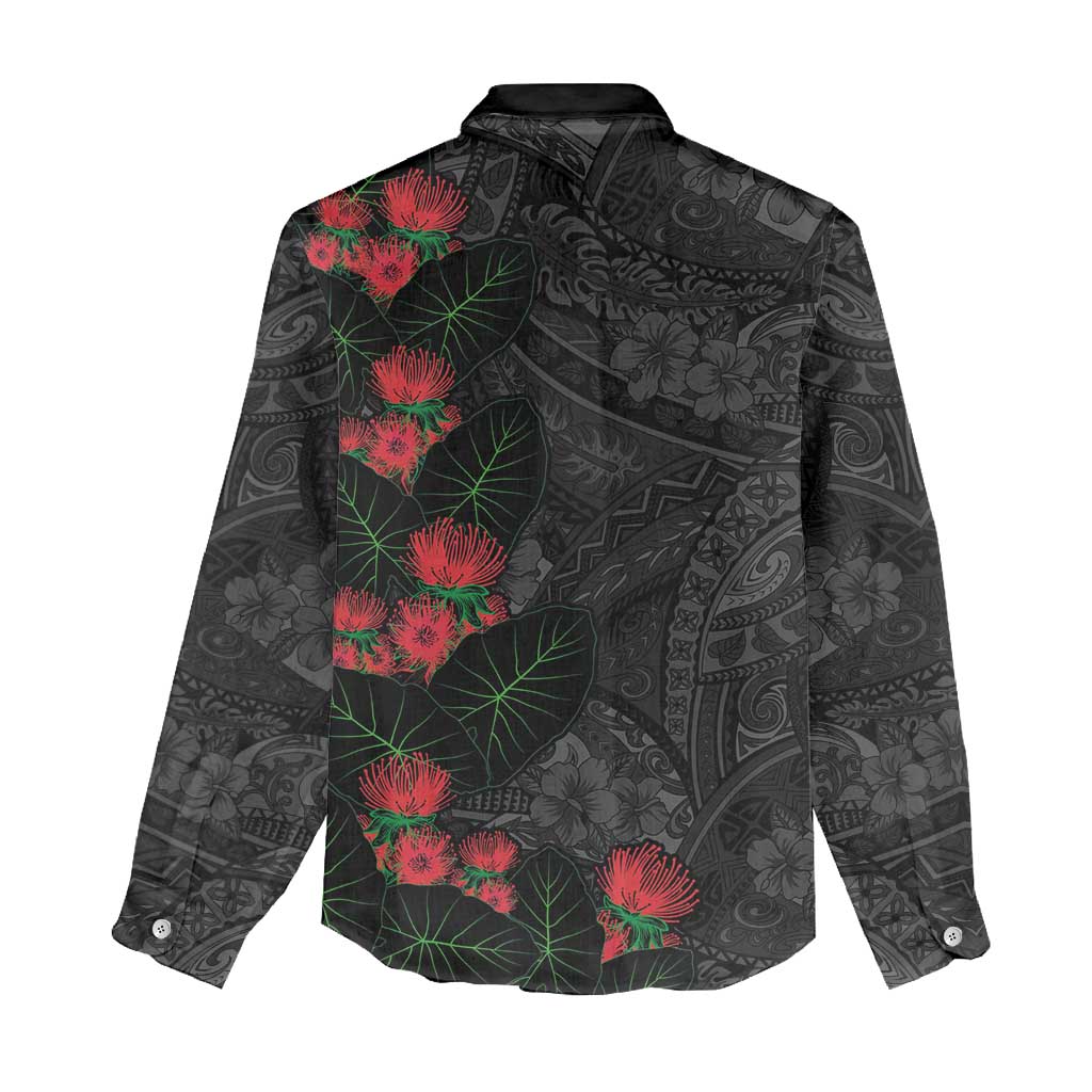 Hawaiian Taro Leaves and Ohia Lehua Women Casual Shirt Polynesian Tribal Art Tropical Plants Motifs Grayscale LT03 - Polynesian Pride