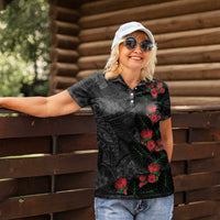 Hawaiian Taro Leaves and Ohia Lehua Women Polo Shirt Polynesian Tribal Art Tropical Plants Motifs Grayscale LT03 - Polynesian Pride
