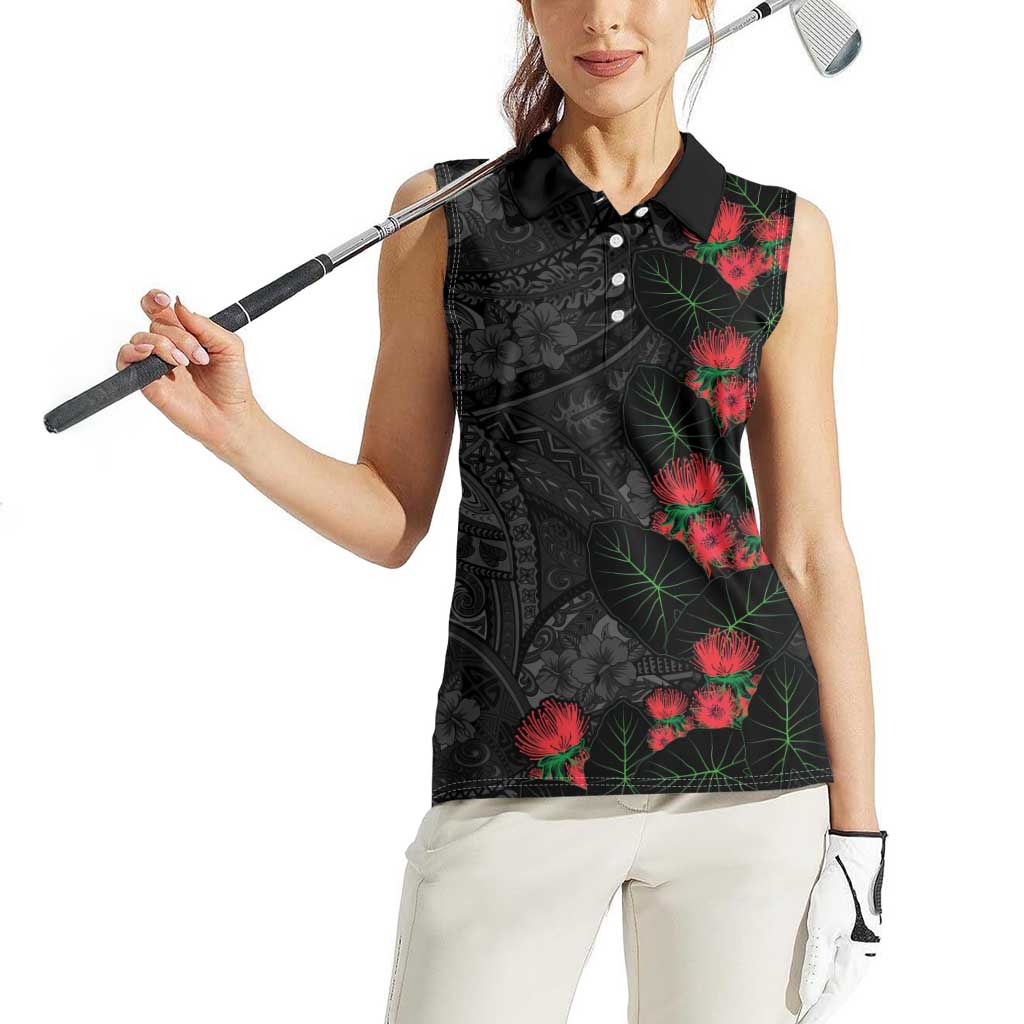 Hawaiian Taro Leaves and Ohia Lehua Women Sleeveless Polo Shirt Polynesian Tribal Art Tropical Plants Motifs Grayscale LT03 - Polynesian Pride