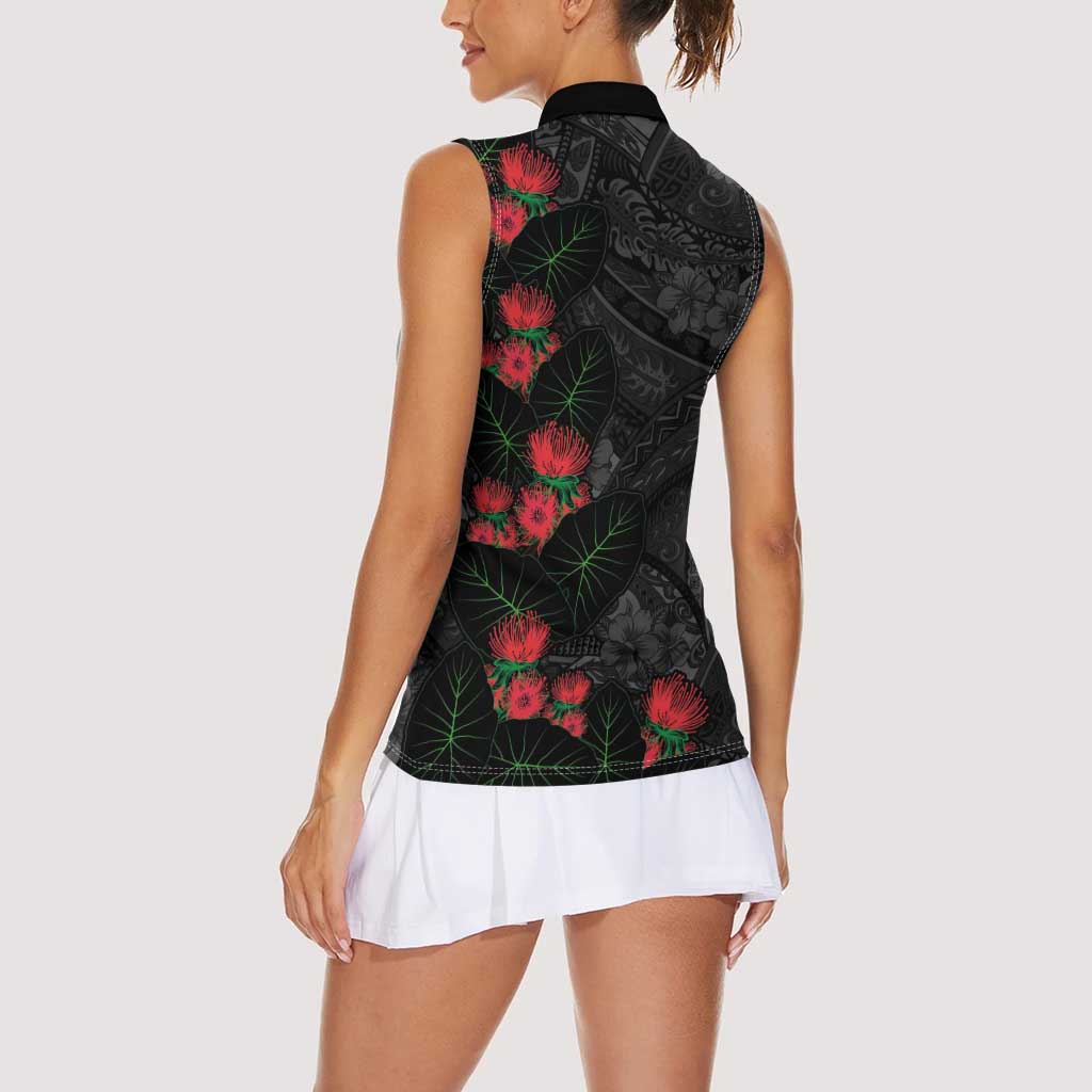 Hawaiian Taro Leaves and Ohia Lehua Women Sleeveless Polo Shirt Polynesian Tribal Art Tropical Plants Motifs Grayscale LT03 - Polynesian Pride