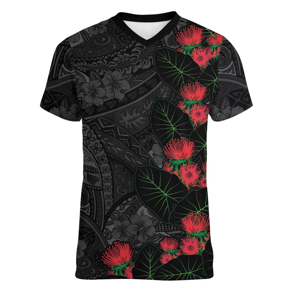Hawaiian Taro Leaves and Ohia Lehua Women V-Neck T-Shirt Polynesian Tribal Art Tropical Plants Motifs Grayscale LT03 Female Multicolor - Polynesian Pride