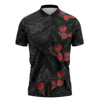 Hawaiian Taro Leaves and Ohia Lehua Zipper Polo Shirt Polynesian Tribal Art Tropical Plants Motifs Grayscale LT03 Multicolor - Polynesian Pride