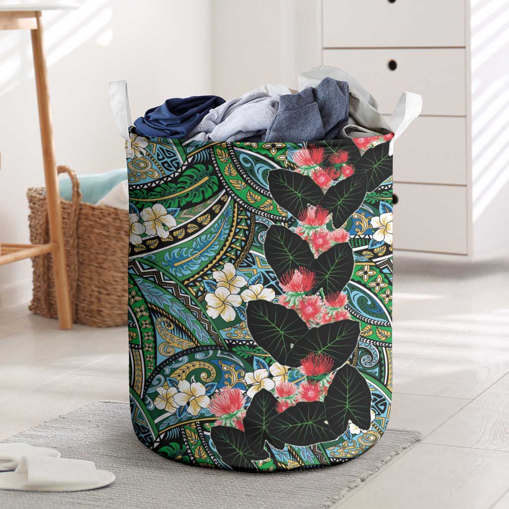 Hawaiian Taro Leaves and Ohia Lehua Laundry Basket Polynesian Tribal Art Tropical Plants Motifs Colorful