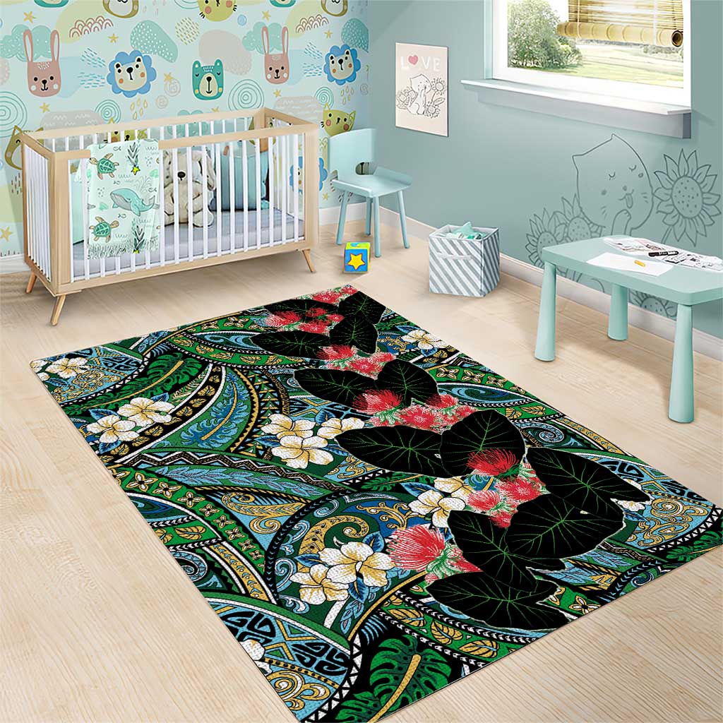 Hawaiian Taro Leaves and Ohia Lehua Area Rug Polynesian Tribal Art Tropical Plants Motifs Colorful LT03 - Polynesian Pride