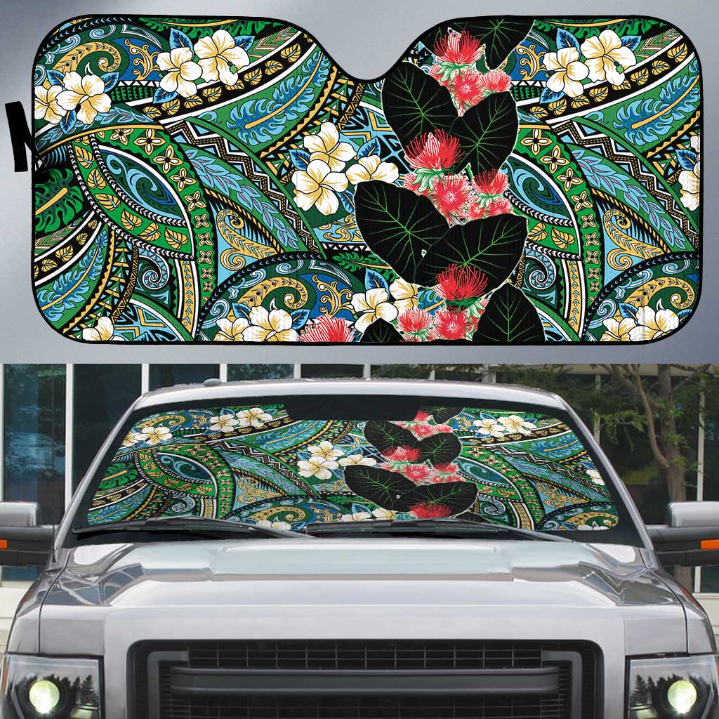 Hawaiian Taro Leaves and Ohia Lehua Auto Sun Shade Polynesian Tribal Art Tropical Plants Motifs Colorful LT03 Multicolor - Polynesian Pride