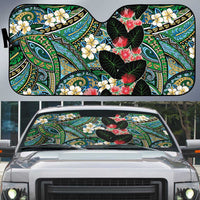 Hawaiian Taro Leaves and Ohia Lehua Auto Sun Shade Polynesian Tribal Art Tropical Plants Motifs Colorful