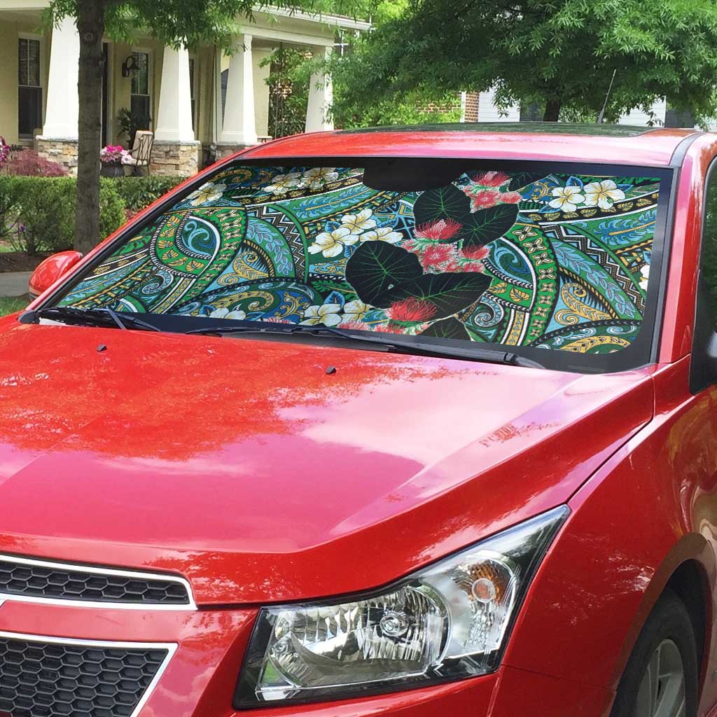 Hawaiian Taro Leaves and Ohia Lehua Auto Sun Shade Polynesian Tribal Art Tropical Plants Motifs Colorful