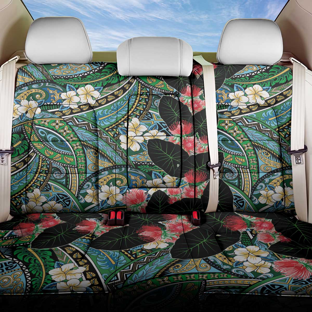 Hawaiian Taro Leaves and Ohia Lehua Back Car Seat Cover Polynesian Tribal Art Tropical Plants Motifs Colorful LT03 One Size Multicolor - Polynesian Pride