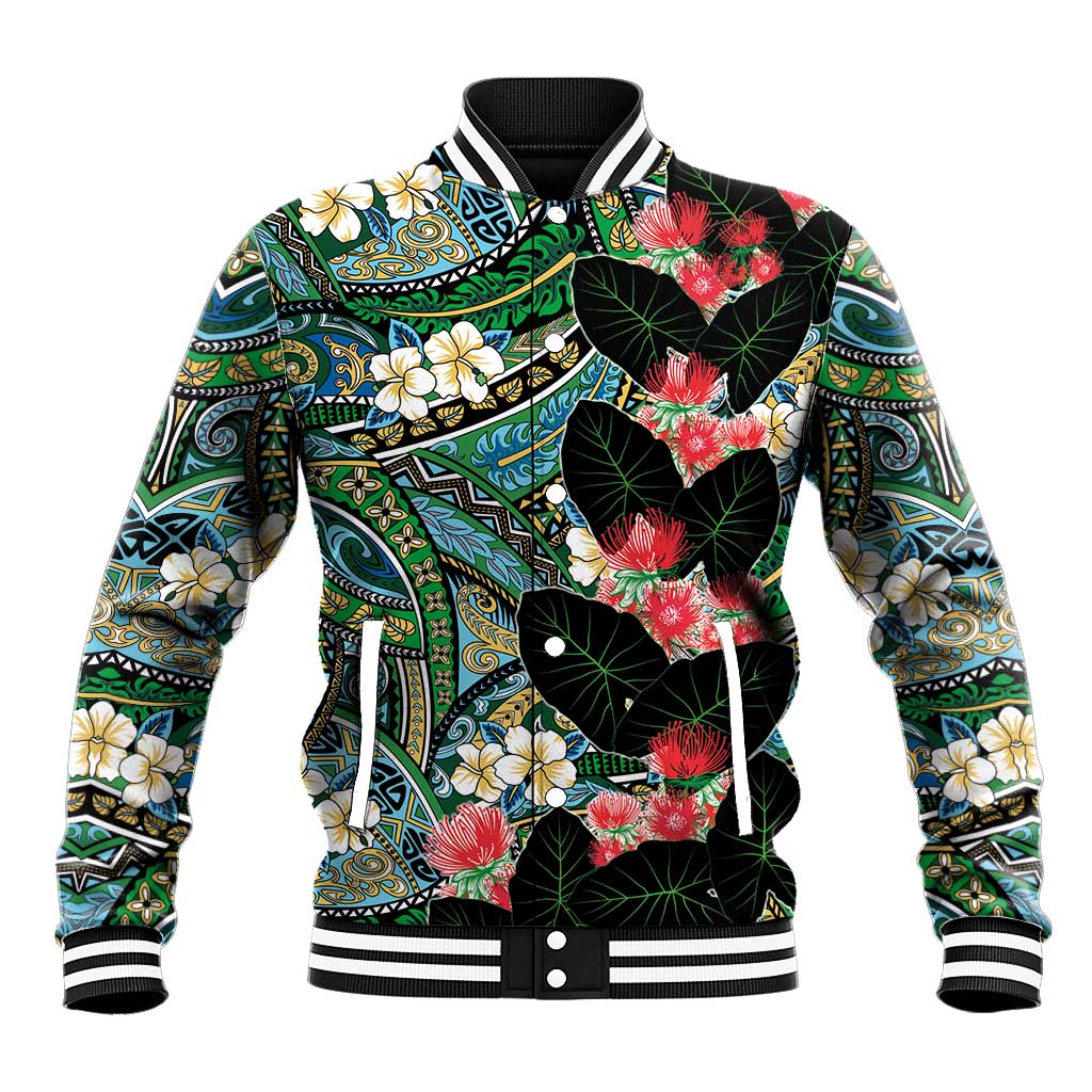 Hawaiian Taro Leaves and Ohia Lehua Baseball Jacket Polynesian Tribal Art Tropical Plants Motifs Colorful