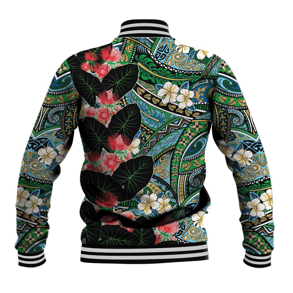 Hawaiian Taro Leaves and Ohia Lehua Baseball Jacket Polynesian Tribal Art Tropical Plants Motifs Colorful