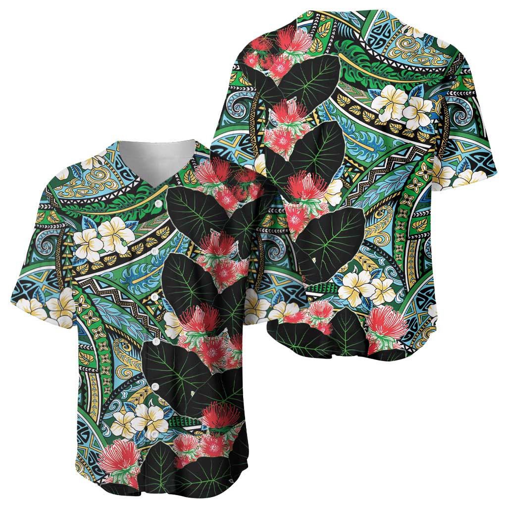 Hawaiian Taro Leaves and Ohia Lehua Baseball Jersey Polynesian Tribal Art Tropical Plants Motifs Colorful