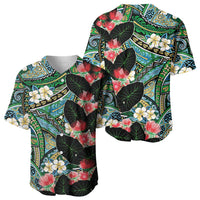 Hawaiian Taro Leaves and Ohia Lehua Baseball Jersey Polynesian Tribal Art Tropical Plants Motifs Colorful
