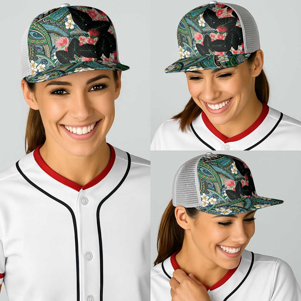 Hawaiian Taro Leaves and Ohia Lehua Baseball Net Cap Polynesian Tribal Art Tropical Plants Motifs Colorful