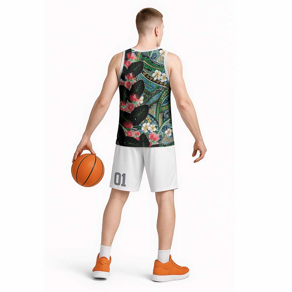 Hawaiian Taro Leaves and Ohia Lehua Basketball Jersey Polynesian Tribal Art Tropical Plants Motifs Colorful LT03 - Polynesian Pride