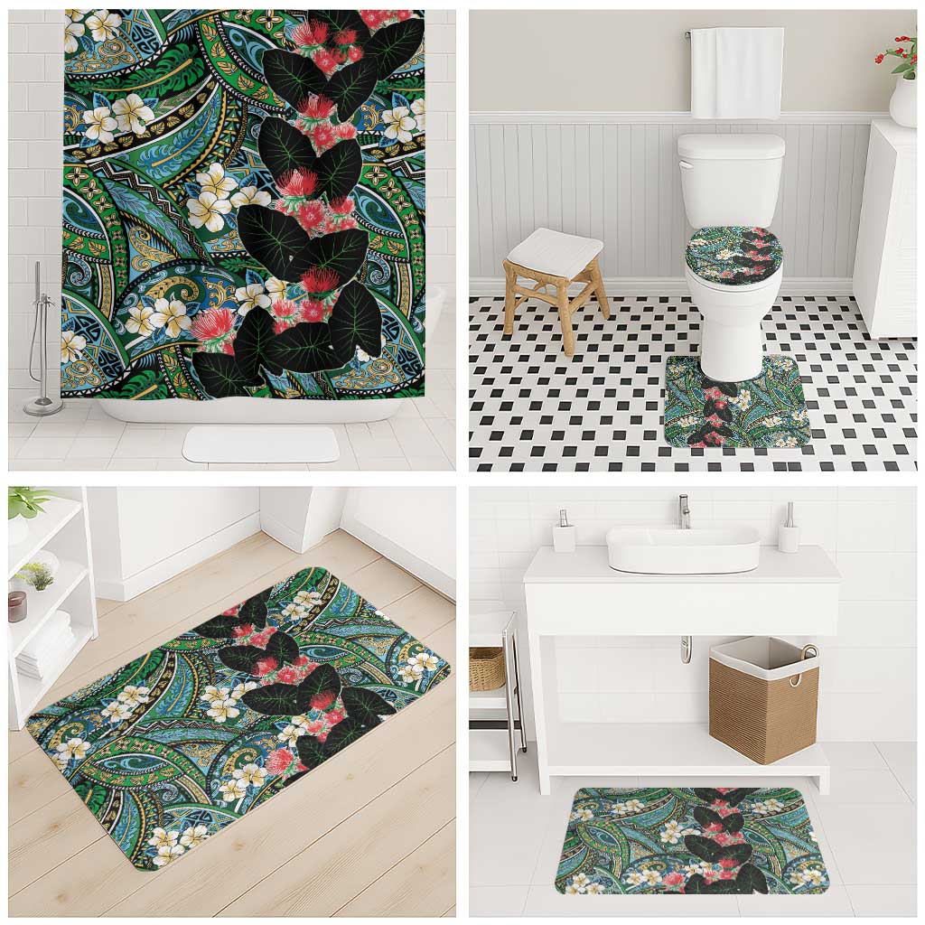 Hawaiian Taro Leaves and Ohia Lehua Bathroom Set Polynesian Tribal Art Tropical Plants Motifs Colorful