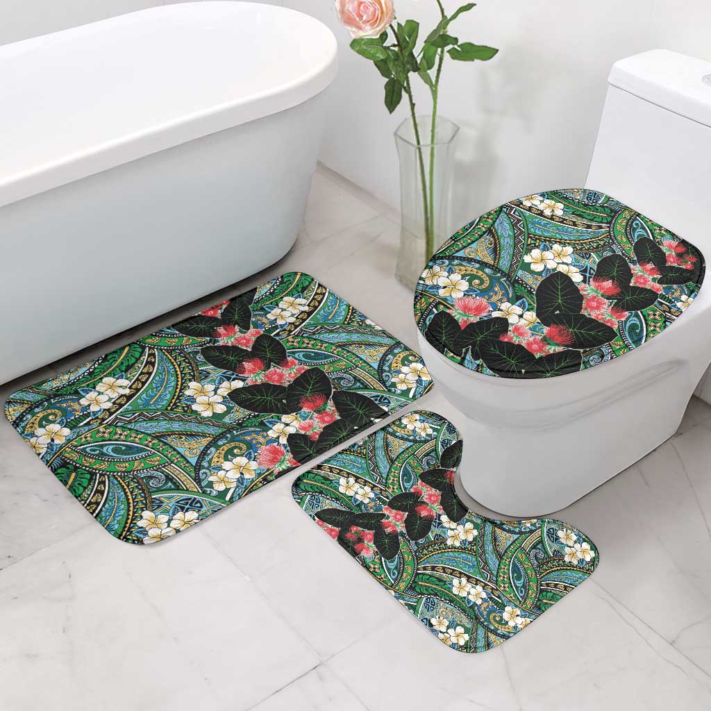 Hawaiian Taro Leaves and Ohia Lehua Bathroom Set Polynesian Tribal Art Tropical Plants Motifs Colorful