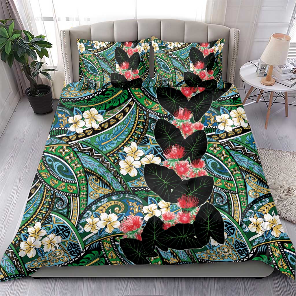 Hawaiian Taro Leaves and Ohia Lehua Bedding Set Polynesian Tribal Art Tropical Plants Motifs Colorful