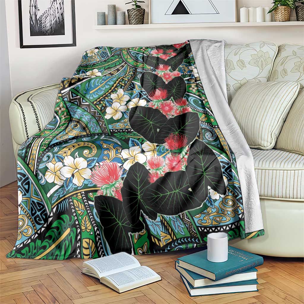 Hawaiian Taro Leaves and Ohia Lehua Blanket Polynesian Tribal Art Tropical Plants Motifs Colorful