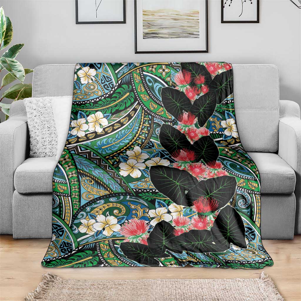 Hawaiian Taro Leaves and Ohia Lehua Blanket Polynesian Tribal Art Tropical Plants Motifs Colorful