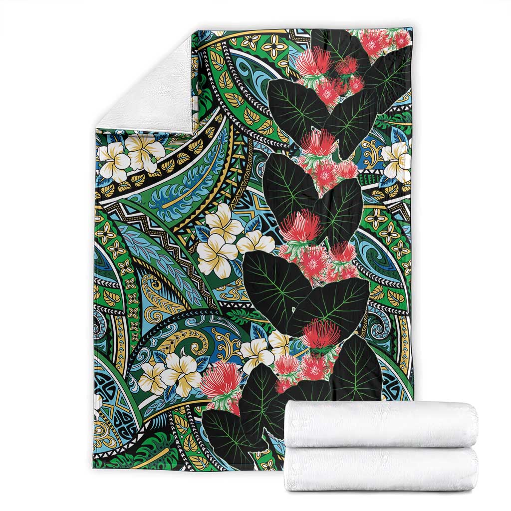 Hawaiian Taro Leaves and Ohia Lehua Blanket Polynesian Tribal Art Tropical Plants Motifs Colorful