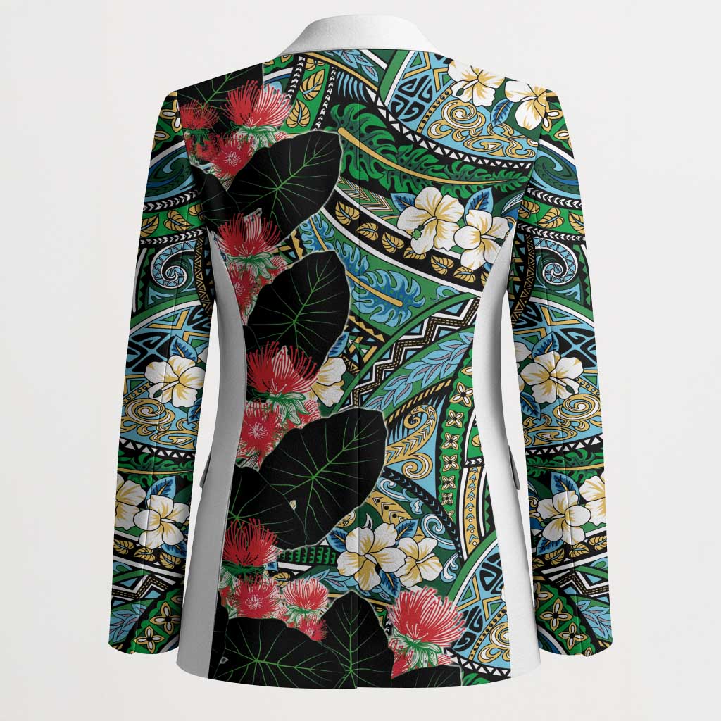 Hawaiian Taro Leaves and Ohia Lehua Blazer Polynesian Tribal Art Tropical Plants Motifs Colorful