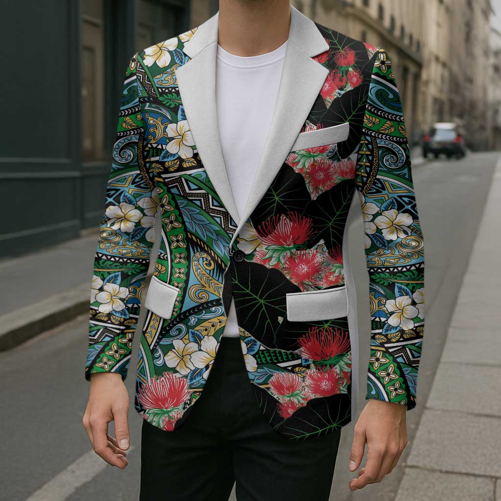 Hawaiian Taro Leaves and Ohia Lehua Blazer Polynesian Tribal Art Tropical Plants Motifs Colorful
