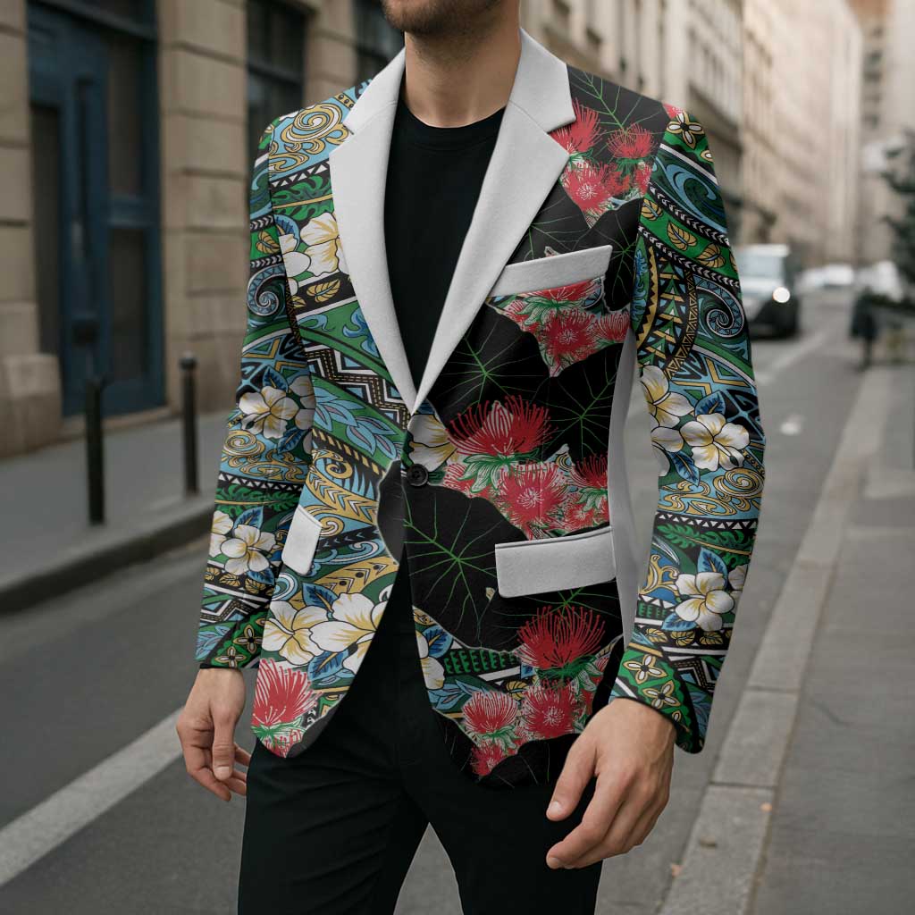 Hawaiian Taro Leaves and Ohia Lehua Blazer Polynesian Tribal Art Tropical Plants Motifs Colorful