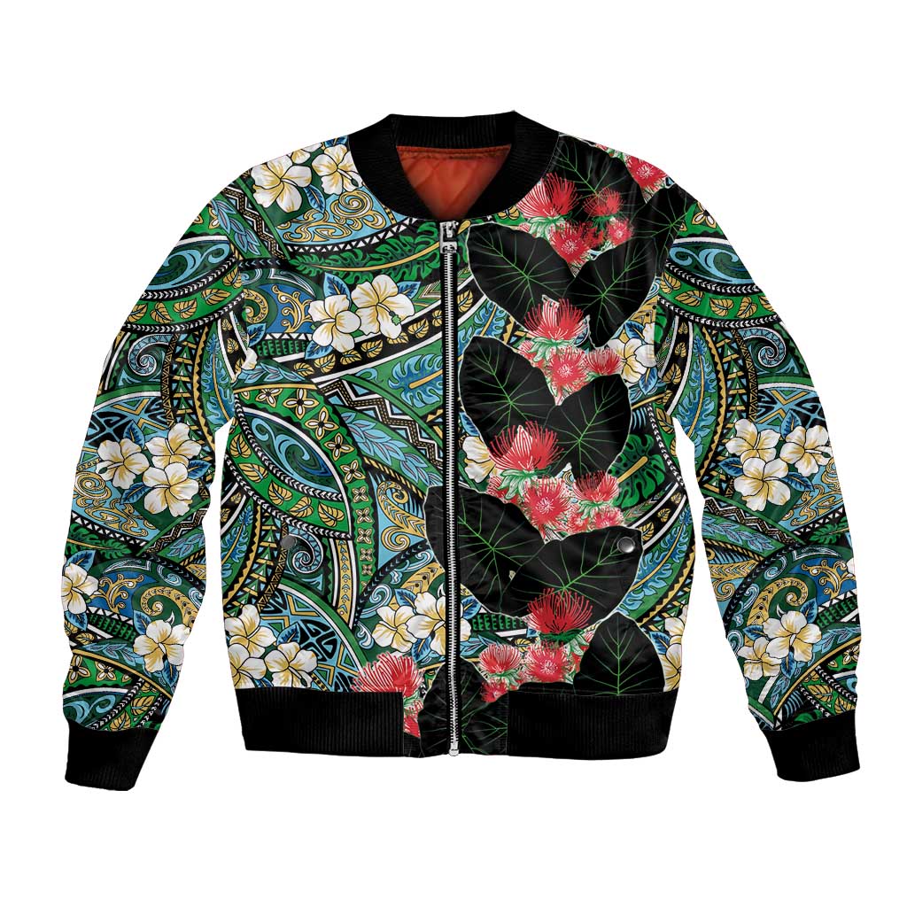 Hawaiian Taro Leaves and Ohia Lehua Bomber Jacket Polynesian Tribal Art Tropical Plants Motifs Colorful