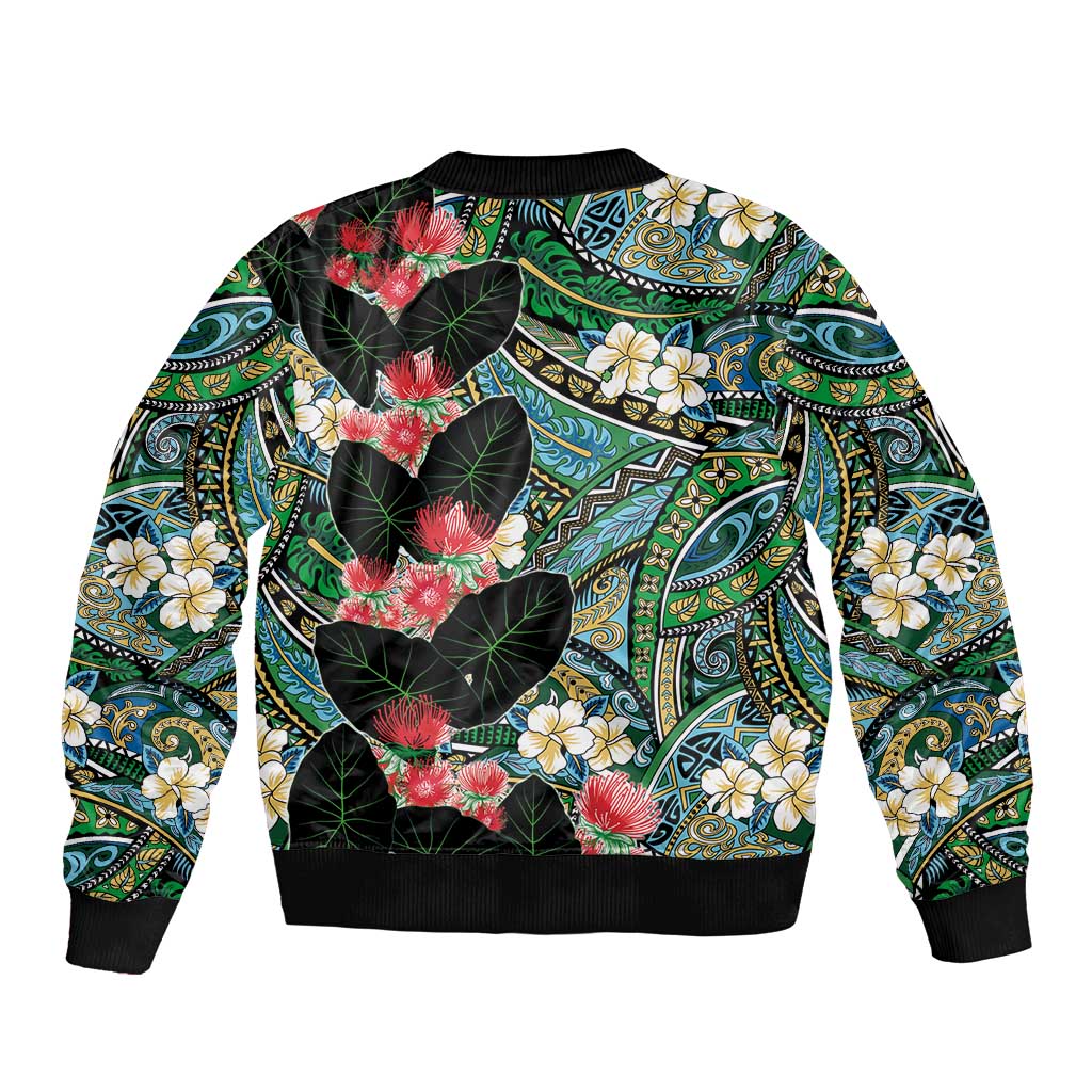 Hawaiian Taro Leaves and Ohia Lehua Bomber Jacket Polynesian Tribal Art Tropical Plants Motifs Colorful