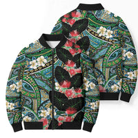 Hawaiian Taro Leaves and Ohia Lehua Bomber Puffer Jacket Polynesian Tribal Art Tropical Plants Motifs Colorful