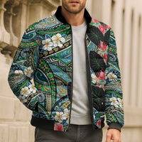 Hawaiian Taro Leaves and Ohia Lehua Bomber Puffer Jacket Polynesian Tribal Art Tropical Plants Motifs Colorful