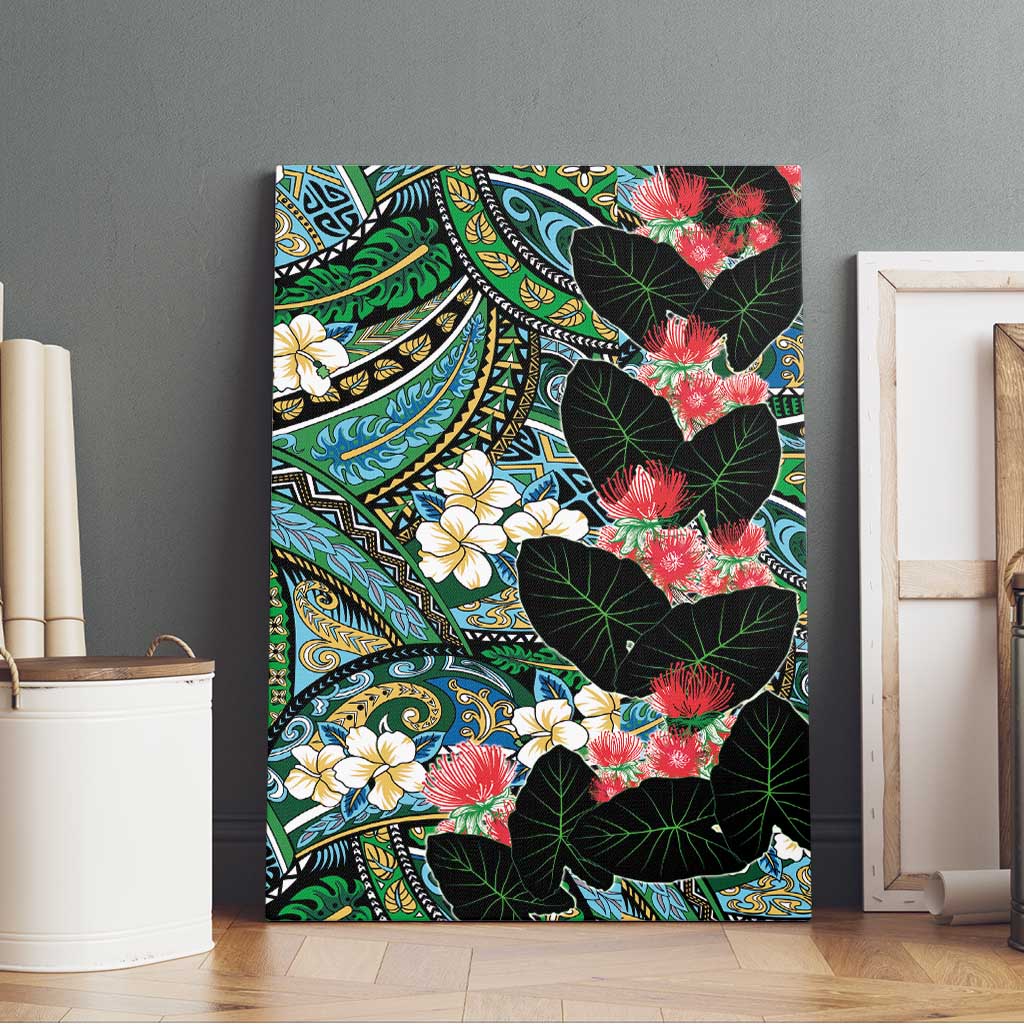 Hawaiian Taro Leaves and Ohia Lehua Canvas Wall Art Polynesian Tribal Art Tropical Plants Motifs Colorful