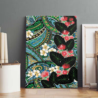 Hawaiian Taro Leaves and Ohia Lehua Canvas Wall Art Polynesian Tribal Art Tropical Plants Motifs Colorful