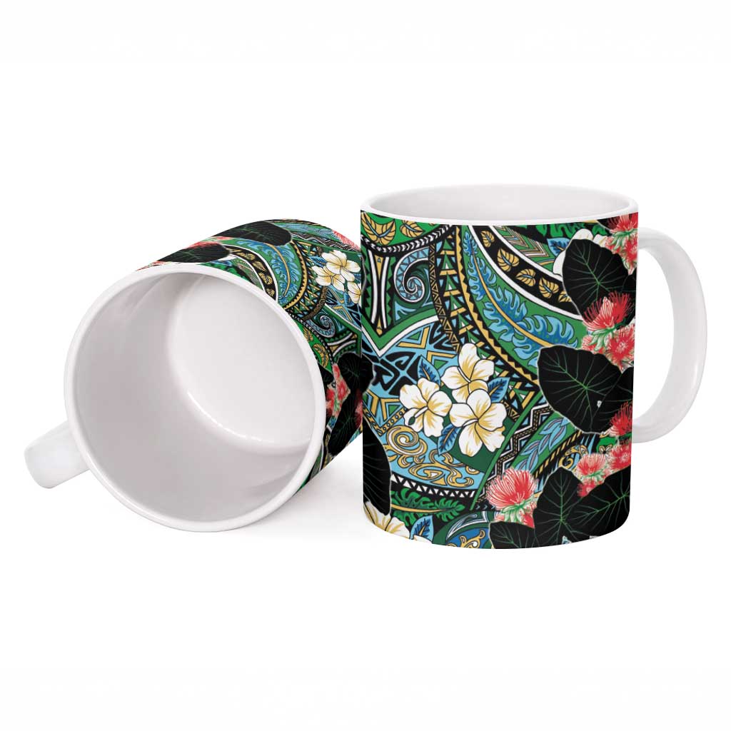 Hawaiian Taro Leaves and Ohia Lehua Ceramic Mug Polynesian Tribal Art Tropical Plants Motifs Colorful LT03 - Polynesian Pride