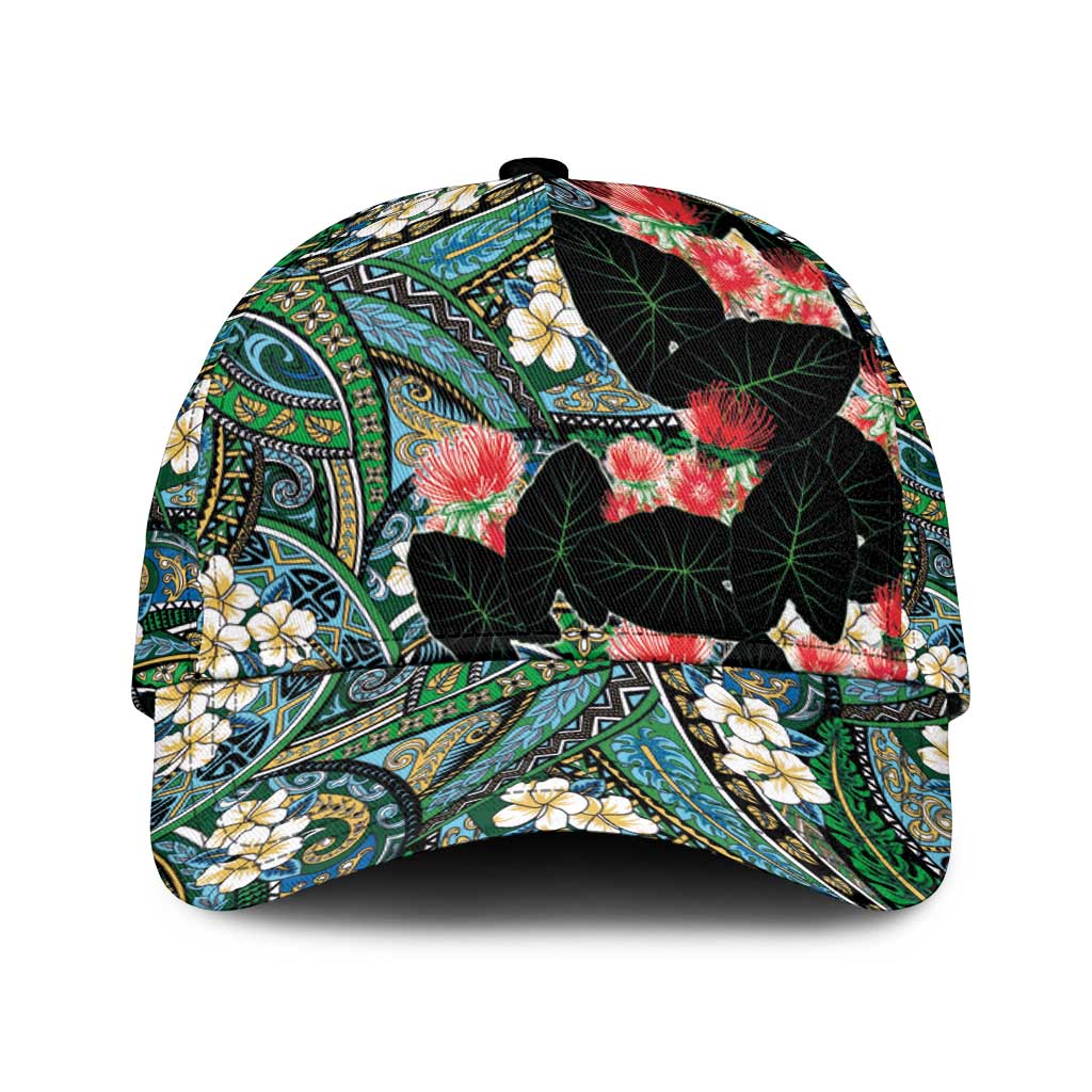 Hawaiian Taro Leaves and Ohia Lehua Classic Cap Polynesian Tribal Art Tropical Plants Motifs Colorful