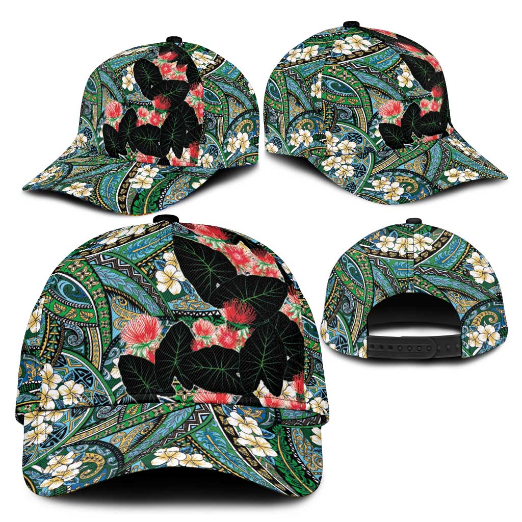Hawaiian Taro Leaves and Ohia Lehua Classic Cap Polynesian Tribal Art Tropical Plants Motifs Colorful