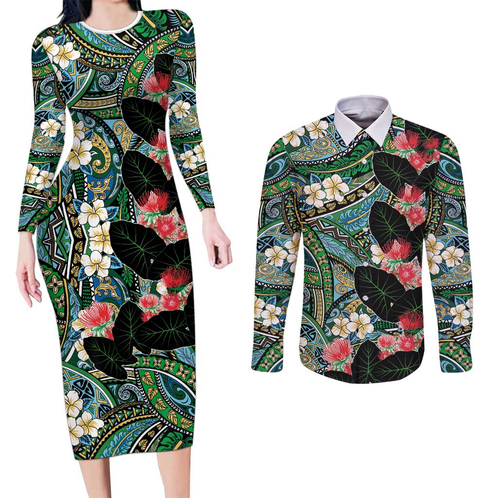 Hawaiian Taro Leaves and Ohia Lehua Couples Matching Long Sleeve Bodycon Dress and Long Sleeve Button Shirt Polynesian Tribal Art Tropical Plants Motifs Colorful LT03 Multicolor - Polynesian Pride