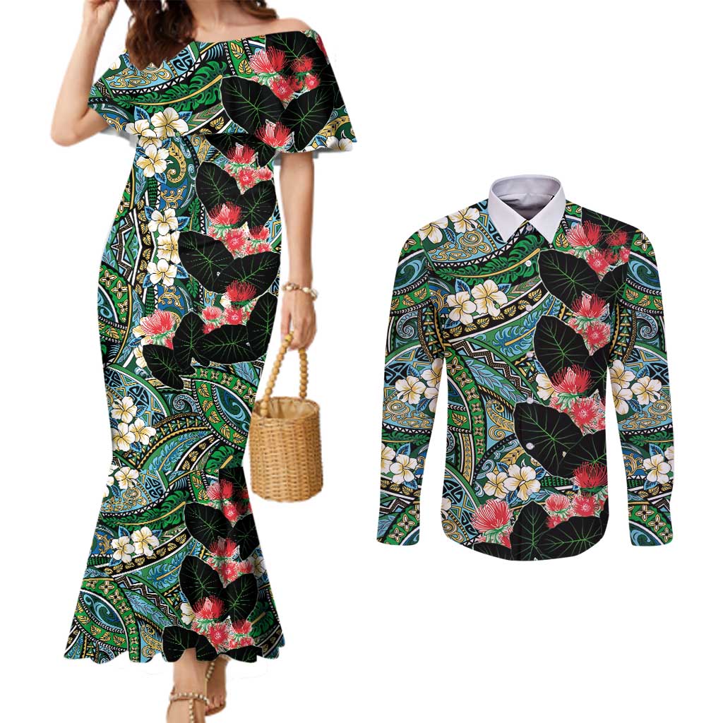 Hawaiian Taro Leaves and Ohia Lehua Couples Matching Mermaid Dress and Long Sleeve Button Shirt Polynesian Tribal Art Tropical Plants Motifs Colorful LT03 Multicolor - Polynesian Pride