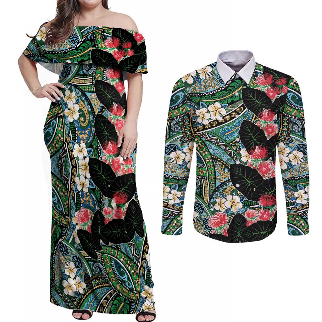 Hawaiian Taro Leaves and Ohia Lehua Couples Matching Off Shoulder Maxi Dress and Long Sleeve Button Shirt Polynesian Tribal Art Tropical Plants Motifs Colorful LT03 Multicolor - Polynesian Pride