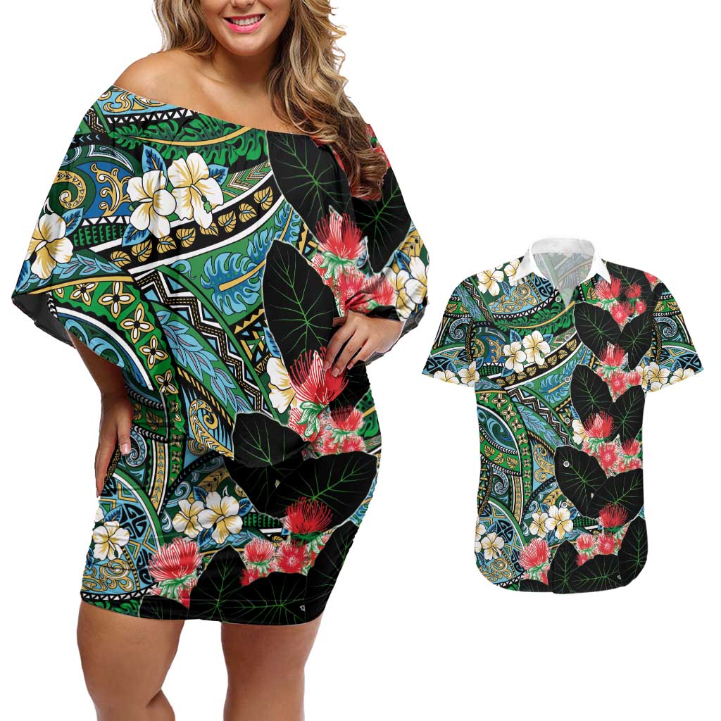 Hawaiian Taro Leaves and Ohia Lehua Couples Matching Off Shoulder Short Dress and Hawaiian Shirt Polynesian Tribal Art Tropical Plants Motifs Colorful LT03 Multicolor - Polynesian Pride